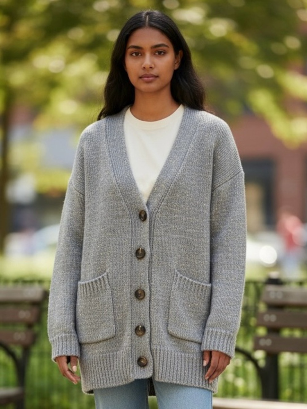 Who What Wear Buttondown Grey Cardigan Metallic Threads
